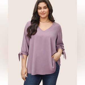 BloomChic Plus Size Plain Knotted Sleeve V Neck Blouse